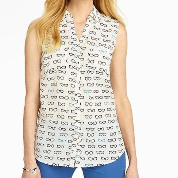 Talbots Nantuckets Eyeglasses Print Sleeveless Button Up Blouse Top Size Small - Picture 1 of 8